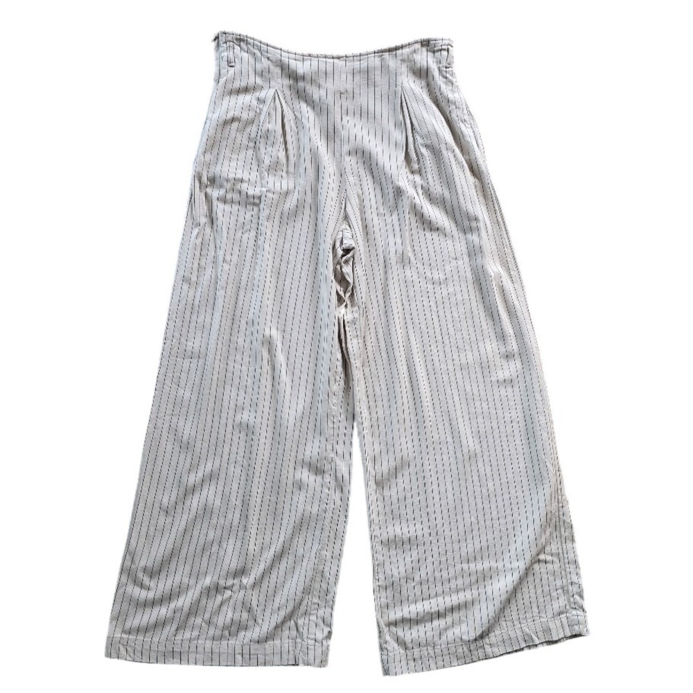 Happily Grey Linen Blend Cream Pinstripe Wide Leg‎ Pants Women L Coastal Resort